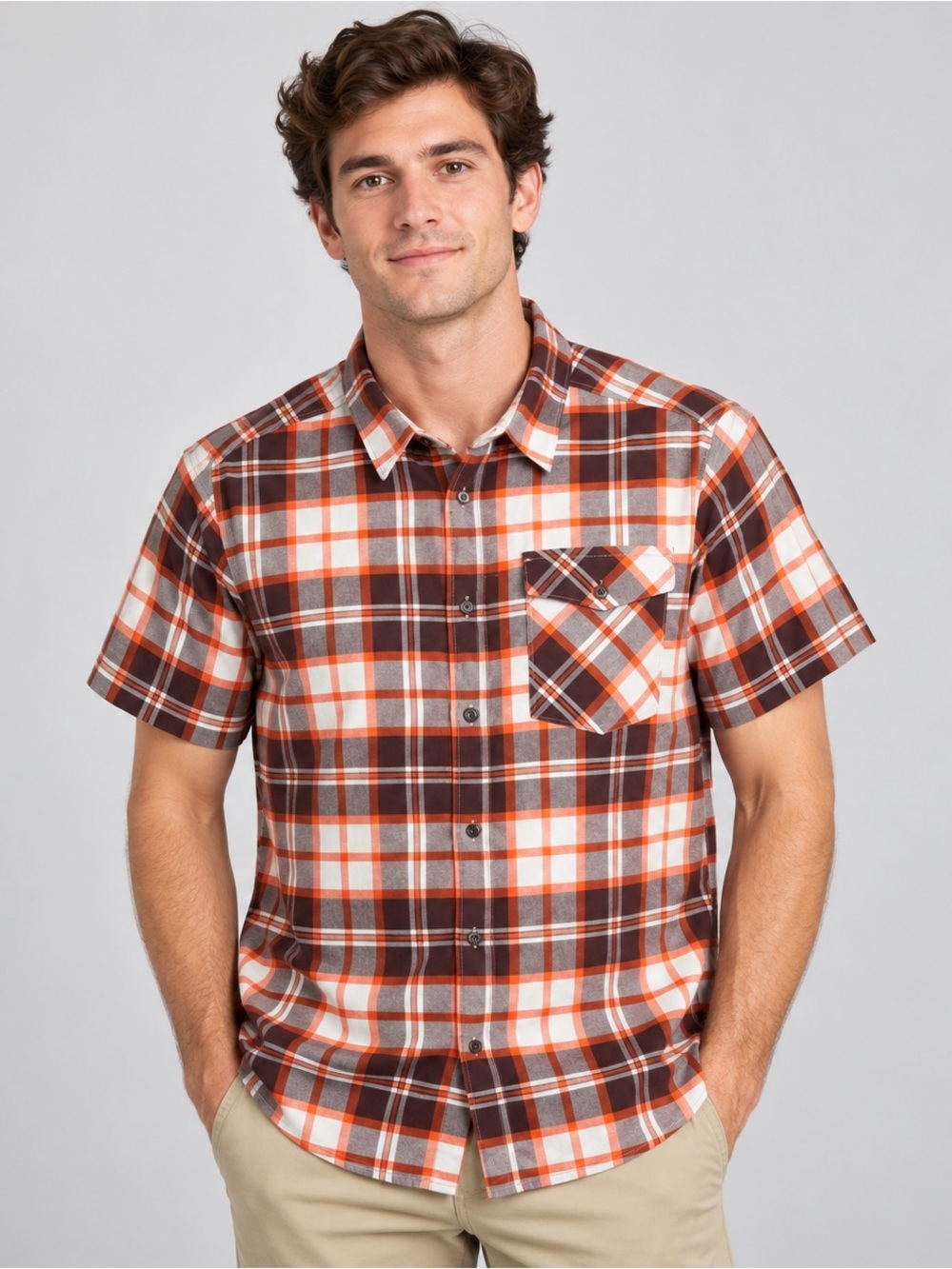 Mountain Hardwear Button Down Shirt Men Large Utility Short Sleeve Orange Plaid